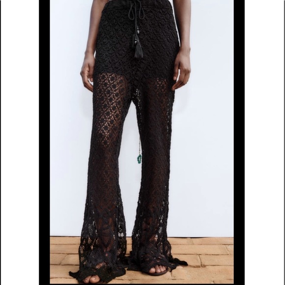 Zara crochet flared black knit pants beads and tassels - Picture 6 of 16